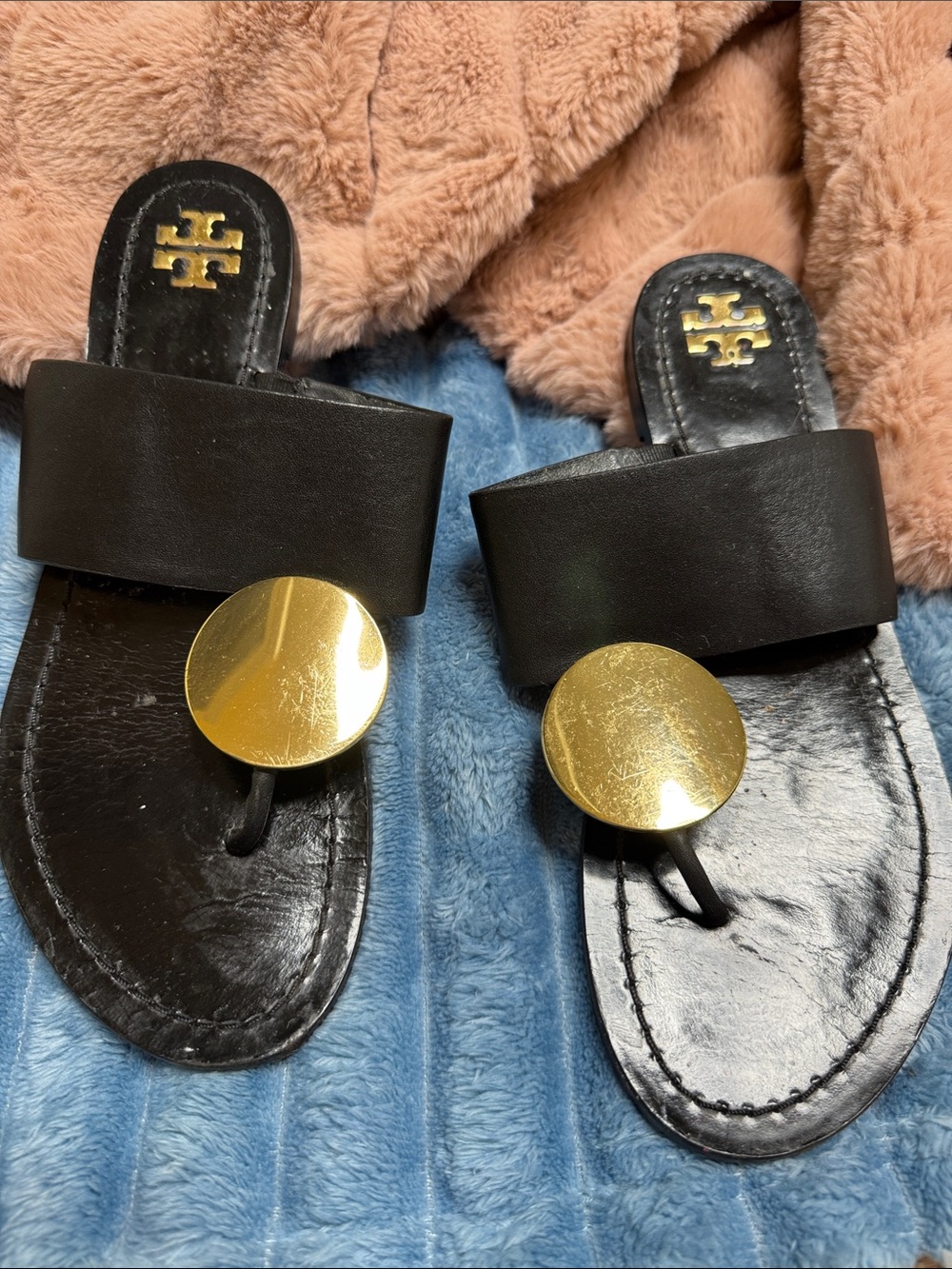 Tory Burch Black Leather Thong Sandals with Gold Medallions